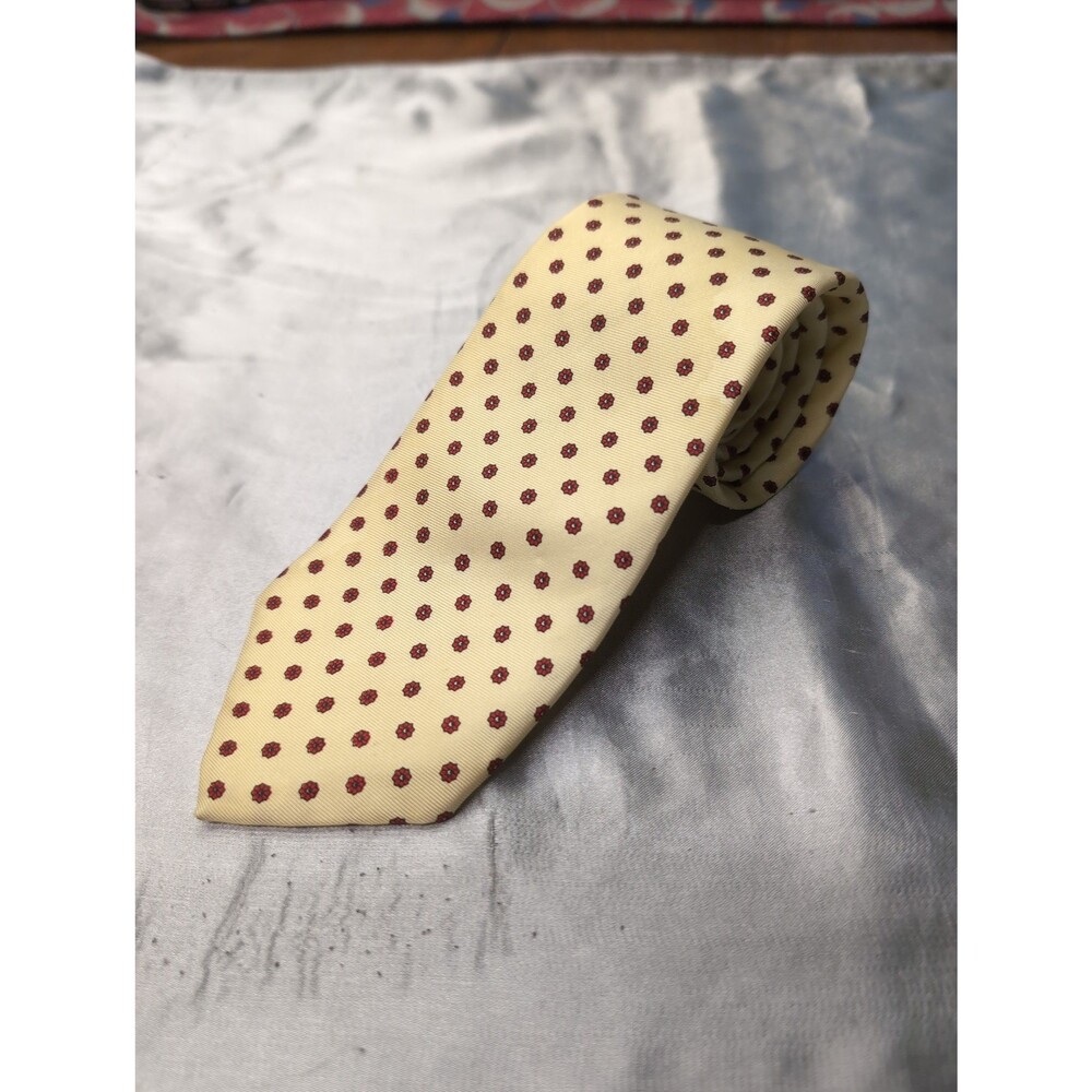 Stafford 100% Silk Yellow Cream Necktie Red Floral Dot Geometric Pattern